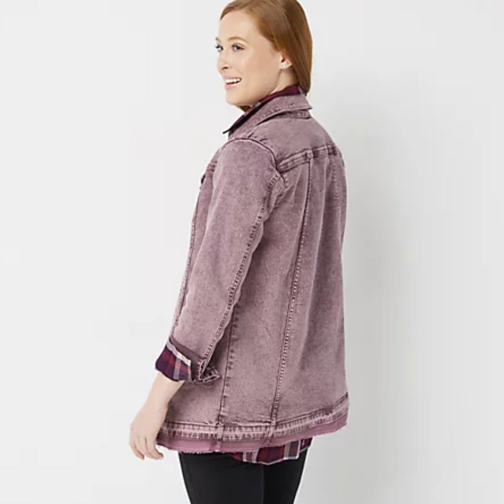 LOGO Button Front Denim Jacket w/ Released Hem - Picture 2 of 3